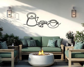 Tea Time Metal Wall Art, Coffee Corner Decor, Minimalist Line Sculpture, Modern Kitchen Metal Artwork, Breakfast Wall Decoration