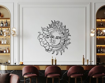 太陽と月の顔のメタルウォールアート、天体モダンインテリア、ボヘミアン神秘彫刻、リビングルームと庭の壁のための宇宙のバランスデザイン