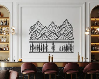 マウンテンフォレストラインメタルウォールアート、自然からインスピレーションを得たモダンなインテリア、ミニマリストの風景彫刻、現代的な住宅とキャビンのデザイン