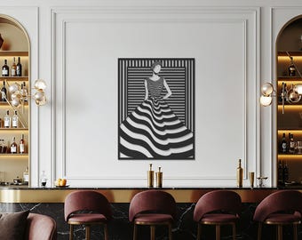 Striped Dress Woman Metal Wall Art, Fashion Inspired Modern Sculpture, Elegant Minimalist Wall Decor, Contemporary Art for Home & Patio