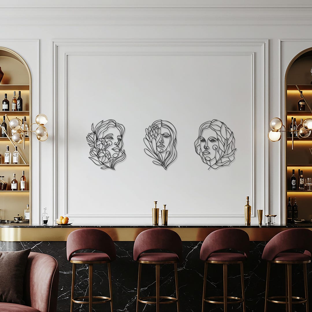 Floral Faces Line Art Metal Wall Art Set of 3, Abstract Woman Wall ...