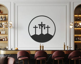 三つの十字架のキリスト教の金属製壁アート、宗教的な屋外と庭の装飾、イースターの信仰の家の彫刻、現代の聖書のシンボルデザイン