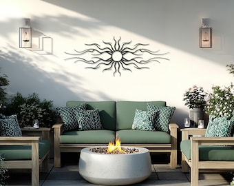 Art mural en métal soleil, décoration murale d'extérieur bohème moderne, sculpture de soleil radieux pour décoration de jardin, terrasse, salon ou balcon