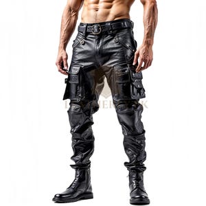 Men's Black Genuine Leather Slim Fit Biker Trousers - Handmade Cowhide Cargo Pants, Heavy Duty Techwear Pants, Festival Streetwear Bottoms