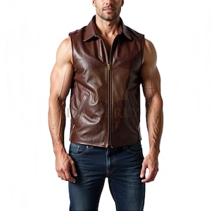 Vintage Brown Genuine Leather Vest - Men&#39;s Sleeveless Zip-Up Biker Vest | Muscle Fit Motorcycle Waistcoat | Gothic Real Leather Streetwear