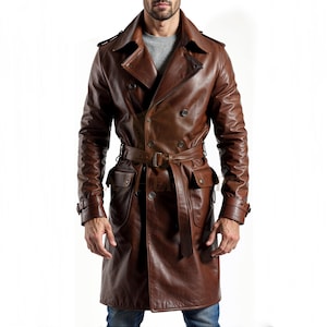 Men&#39;s Genuine Brown Leather Trench Coat - Double‑Breasted Long Overcoat, Full-Length Duster, Steampunk Cosplay Coat, Vintage Leather Coat