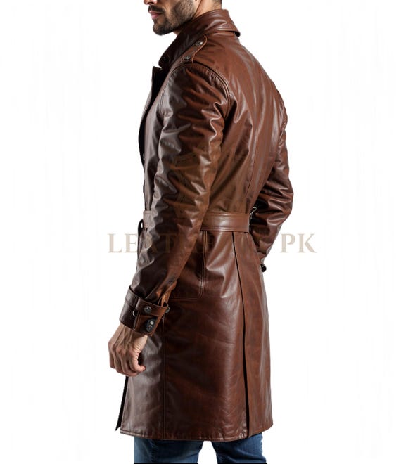 Genuine Leather Long Coat Men's Brown Genuine Leather Trench Coat