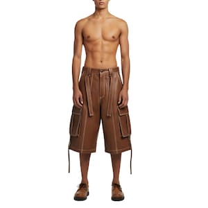 Men’s Brown Genuine Leather Cargo Shorts | Long Tactical Style with Pockets & Straps | Street Wear Biker Fashion | Gothic Leather Shorts