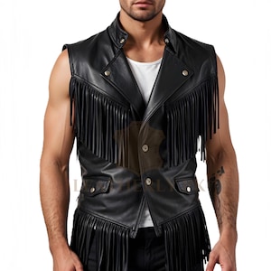 Vintage Leather Fringe Vest - Biker Western Waistcoat - Handmade Rock Festival Outfit - Men&#39;s Black Motorcycle Vest - Classic Rodeo Outfit