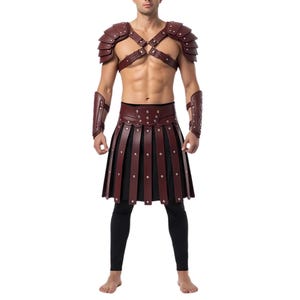 Genuine Burgundy Brown Leather Gladiator Armor And Kilt Set | Men’s Roman Warrior Cosplay | Medieval Festival Outfit | Spartan LARP Costume