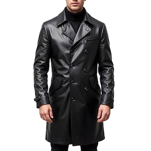Men&#39;s Genuine Leather Long Coat | Black Leather Trench Coat | Double Breasted Winter Coat for Men | Vintage Leather Long Jacket