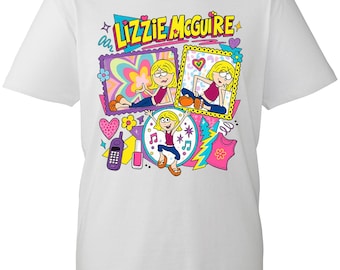 May include: A white short-sleeve t-shirt featuring a colorful graphic print of the cartoon character Lizzie McGuire. The design includes two framed illustrations of the character, a mobile phone, nail polish, and the text Lizzie McGuire.