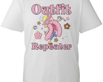 May include: A white short-sleeve t-shirt featuring a graphic of a cartoon character wearing pink sunglasses and a pink feather boa. The text "Outfit Repeater" is printed in pink above and below the character, surrounded by various colorful flowers.