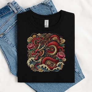 Japanese Dragon Shirt, Traditional Japanese Tattoo Design T-Shirt, Red and Gold Vintage Design, Retro Irezumi His Her Tee, Tattoo Lover Gift