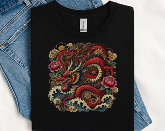 Japanese Dragon Shirt, Traditional Japanese Tattoo Design T-Shirt, Red and Gold Vintage Design, Retro Irezumi His Her Tee, Tattoo Lover Gift