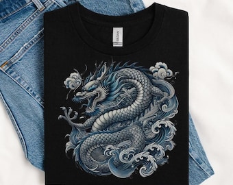 Japanese Dragon Shirt, Traditional Japanese Tattoo Design TShirt, Blue & Silver Vintage Design, Retro Irezumi His Her Tee, Tattoo Lover Gift