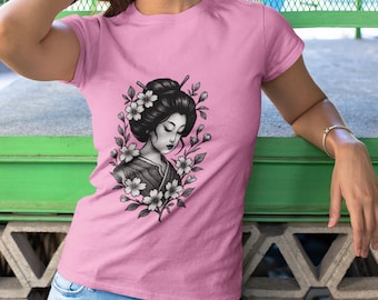 Geisha With Cherry Blossom Traditional Black and Gray Japanese Tattoo Design Vintage Retro Design Irezumi Her Unisex Comfort Tee Shirt