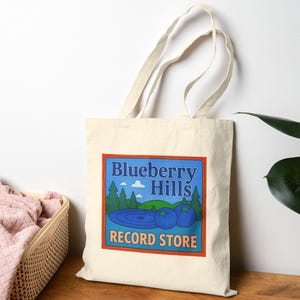 Blueberry Hills Record Store Tote Bag, Eco-Friendly Shopping Bag, Reusable Grocery Tote Record Vinyl Lover Retro Music Beach Bag 50s 60s 70s