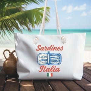 Weekender Sardines Tote, Italia Italy Tinned Fish Vintage Bag, Fish Lover Travel Overnighter, Coastal Aesthetic, Beach Bag Gift