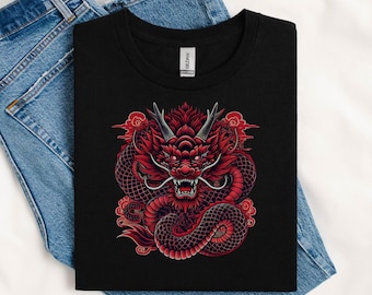 Japanese Dragon T-Shirt, Traditional Japanese Tattoo Design Shirt, Crimson Red Vintage Design, Retro Irezumi His Her Tee, Tattoo Lover Gift