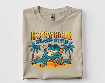 Hoppy Hour Island Style Unisex T-Shirt, Summer Vibes Frog Tee, Funny Beach Party Shirt, Vacation Apparel Gift Him Her, Retro Getaway Crew