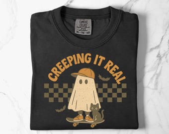 Halloween Creeping It Real Spooky T-Shirt, Vintage Scary Skateboarding Comfort Colors Shirt, Retro Ghost Tee, Cozy Fall Gift for Men Women