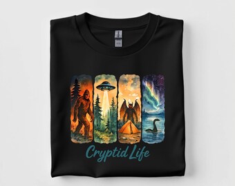 Camiseta unisex Cryptid Life, camiseta Gildan de Pie Grande, camisetas divertidas para amantes del Lago Ness, regalo retro de Mothman, camiseta de tripulación de OVNI alienígena