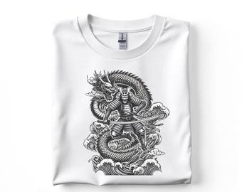 T-shirt dragon de combat samouraï japonais, haut de conception de tatouage traditionnel, noir gris vintage, t-shirt unisexe Irezumi rétro, cadeau pour amateur de tatouage