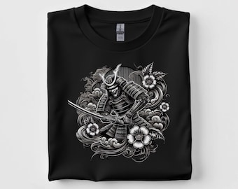 T-shirt unisexe samouraï avec fleurs de cerisier, conception de tatouage noir et gris traditionnel japonais, art Irezumi rétro vintage, cadeau pour amateur de tatouage