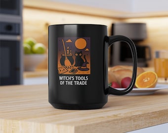Vintage Halloween Witch's Tools of the Trade Mug, Witchcraft Spooky Coffee Cup, Cozy Fall Ceramic Tea Cup, Retro Autumn Scary Gift