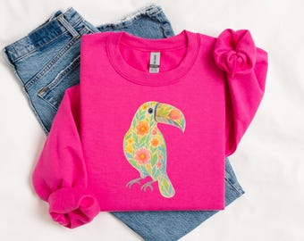 Toucan Floral Fill Sweatshirt For Her, Bird Lover Sweat, Boho Toucan Top, Cozy Toucan Gildan Crew, Bohemian Gift For Mom Daughter