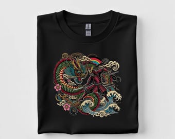 T-shirt dragon de combat samouraï japonais, haut de conception de tatouage traditionnel, design vintage couleur, t-shirt rétro Irezumi His Her, cadeau pour amateur de tatouage