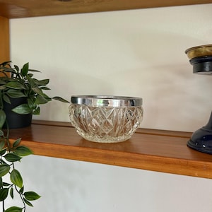 Vintage Cut Glass Bowl with Silver Plated Rim