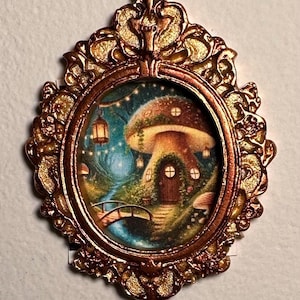 Miniature Mushroom Fairy House Art, Dollhouse Fantasy Wall Decor, Enchanted Woodland Scene, Fae Garden Miniature Painting, Mini Gnome Home