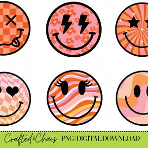 Retro Smiley PNG Bundle | Distressed Checkered Daisy Smiley PNG | Groovy Happy Face Sublimation PNG | Retro Flower Clipart