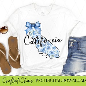 California State PNG, State Png, conception de chemise California en toile florale bleue, noeud bleu tendance Californie, chinoiseries preppy DTF