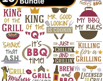 BBQ Embroidery Bundle 16 Designs, Grill Quotes Embroidery Files, Funny BBQ Sayings Embroidery Patterns, Barbecue Machine Embroidery PES jef.