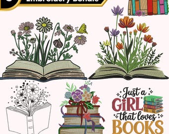 Floral Book Embroidery Design, Book Lover Gift (Digital Download)
