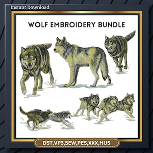 May include: A digital embroidery design bundle featuring five different wolf illustrations. The designs include a large wolf standing, a wolf running, and three smaller wolves in a pack. The text "WOLF EMBROIDERY BUNDLE" is at the top of the image. The text "DST, VP3, SEW, PES, XXX, HUS" is at the bottom of the image.
