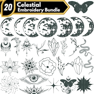 Könnte beinhalten: Eine Sammlung von 20 himmlischen Stickmustern in Schwarz und Weiß. Die Designs umfassen Mondphasen, Kristalle, Schlangen, Blumen, Schmetterlinge und ein Auge. Der Text "Celestial Embroidery Bundle" steht oben.