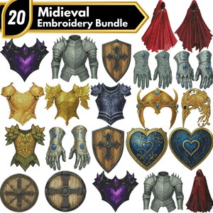 May include: A selection of medieval embroidery designs featuring armour, shields, gloves, and capes. The designs use various colours, including gold, silver, red, and blue. The image includes the text "20 Medieval Embroidery Bundle".