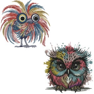 Motif de broderie drôle de poulet et de hibou (téléchargement numérique)