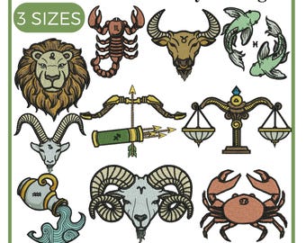 Zodiac Embroidery Design: 12 Horoscope Signs (Digital Download, 4-7 inch)