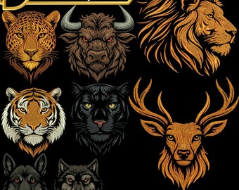 Animal Head Embroidery Designs: Lion, Jaguar, Bull, Deer (Digital Download)