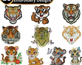 Tiger Head Embroidery Design Bundle, Tiger Face Machine Embroidery Files, Wild Animal Embroidery Pattern, Cartoon Tiger DST PES JEF VP3