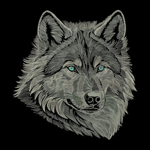 Wolfborduurwerkontwerp, Mystic Wolf Head-borduurwerk, Gezichtsborduurwerk witte wolf, Totemic donkere stof, Dierenborduurwerk, Machineborduurwerk