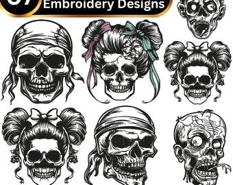 Gothic Skull Embroidery Designs Bundle, Tattoo Pirate Style (Digital Download)
