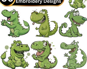 Green Dinosaur Embroidery Designs Bundle Cute Cartoon Dino Baby Kids Fun Jurassic Animal Embroidery Pattern Set for Shirts Bags Decor