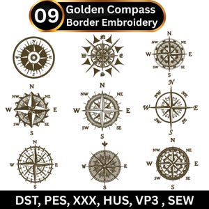 May include: Nine golden compass designs with border embroidery are displayed on a white background. Each compass features directional markings (N, S, E, W, NW, NE, SW, SE) and intricate detailing. The image includes the text "Golden Compass Border Embroidery".