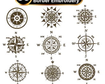 Golden Compass Border Embroidery Design Bundle, Nautical Compass Rose Embroidery File, Marine Machine Embroidery Pattern DST PES JEF VP3 hus